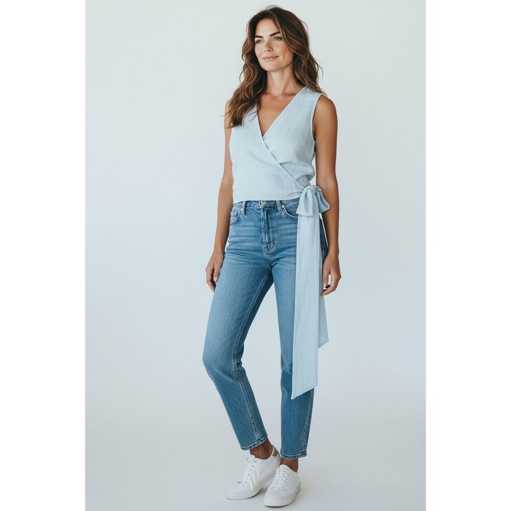 Forte Forte Chic 100% Linen Canvas Crossed Top in Aqua Blue NWT Size II Medium